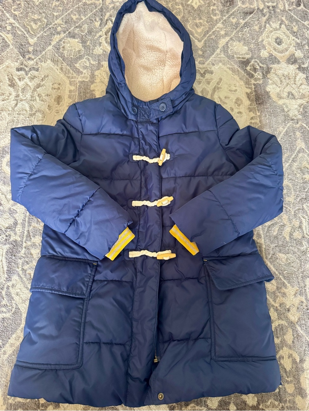 Mini Boden Navy Puffer Hooded Coat with Toggle Closures